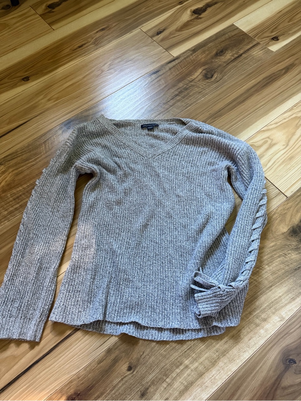 American Eagle Outfitters Taupe V-Neck Cable Sleeve Sweater